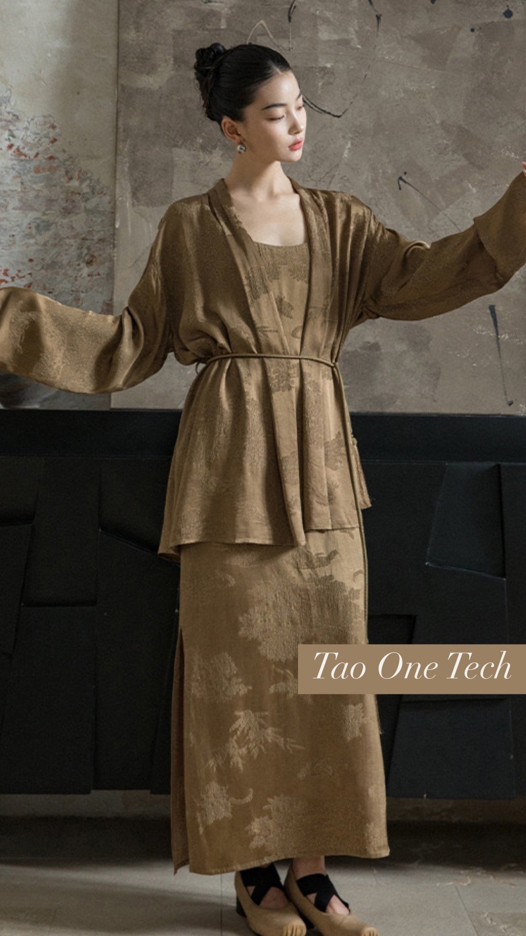 Tao One Tech™ • Floral Jacquard Kimono • with Lace-Up Tassels • Silky Rayon