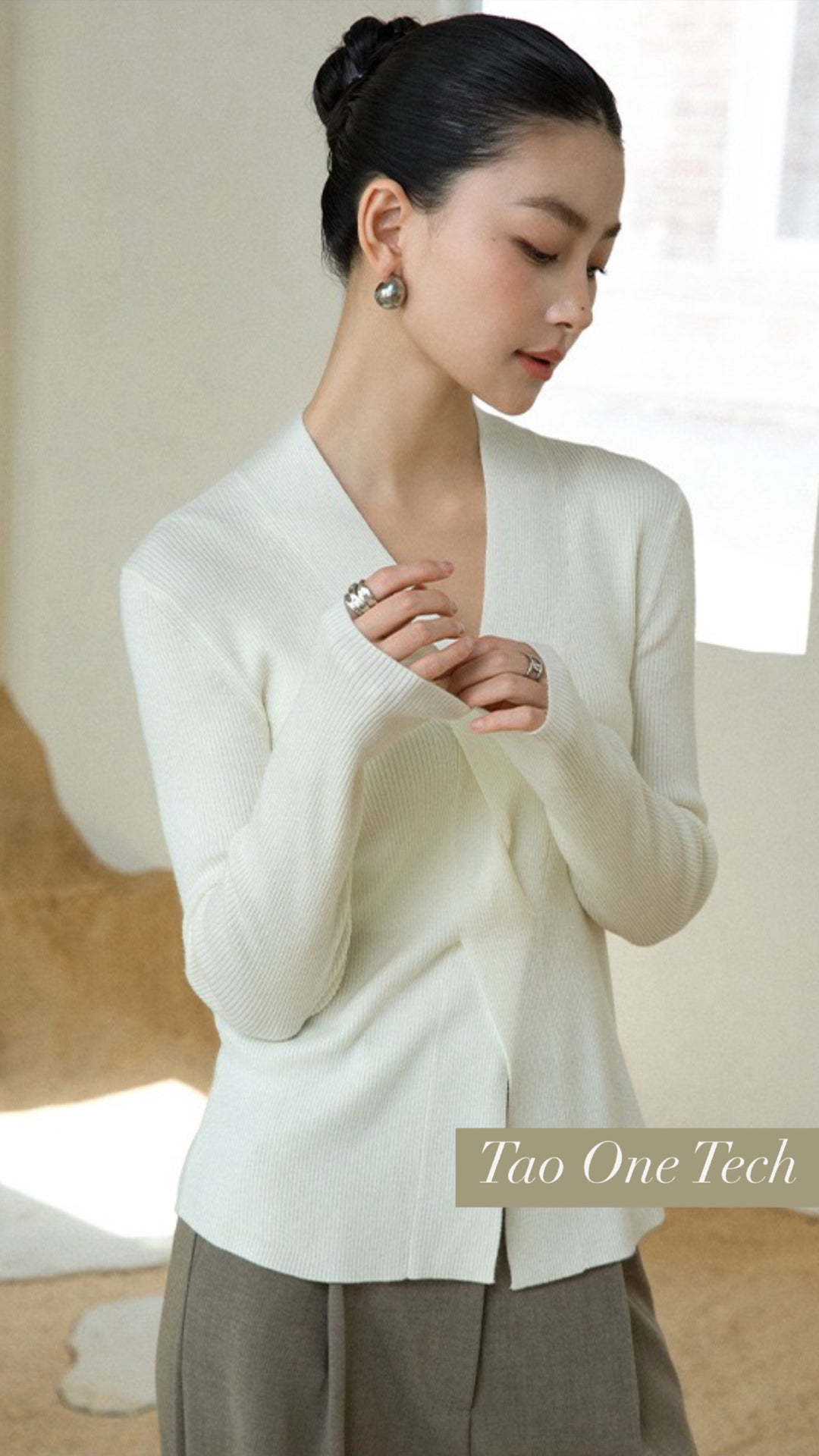 Tao One Tech™ • Zen V-Neck Infinity Sweater • Infinity Swirl Design • Breathable • Non-Itchy • Washable Wool Acrylic Blend