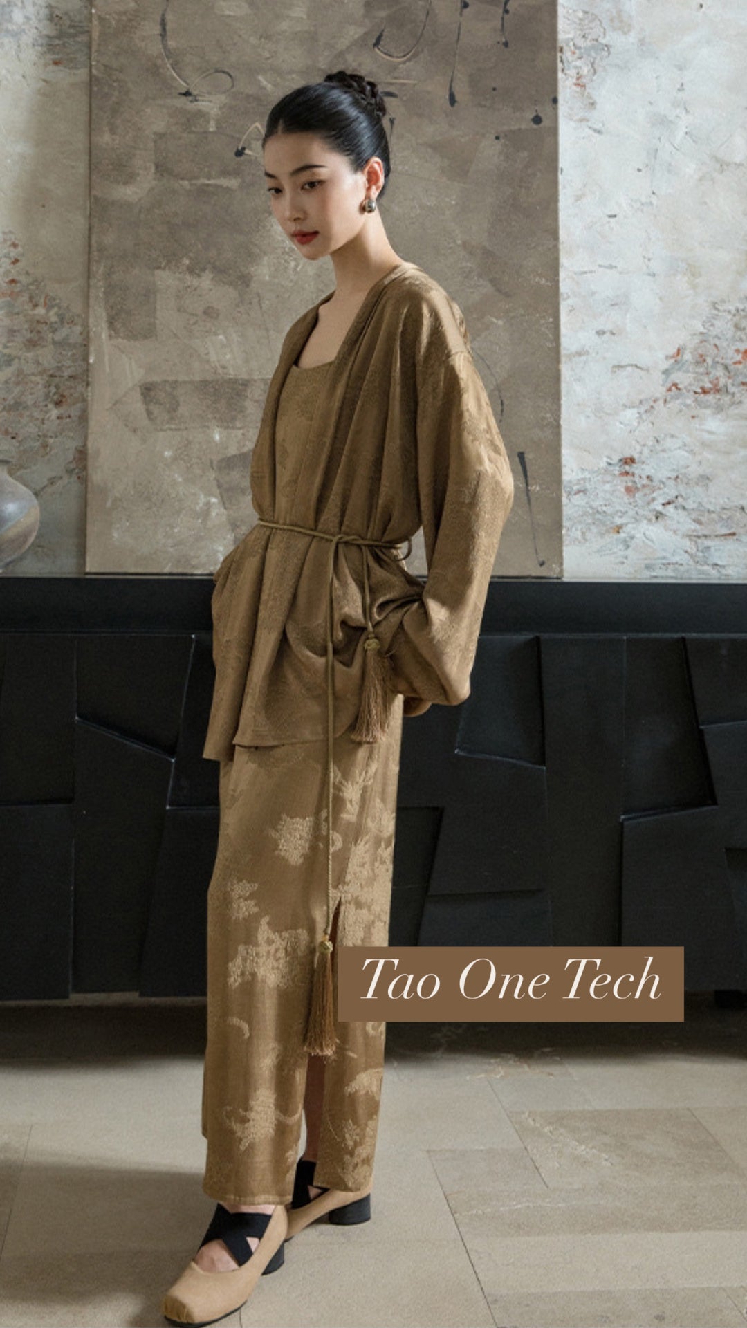 Tao One Tech™ • Floral Jacquard Kimono • with Lace-Up Tassels • Silky Rayon