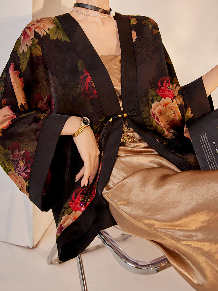 Tao One Tech™ • Zen Floral Kimono • Peony Jacquard Art • Silky • Flowy