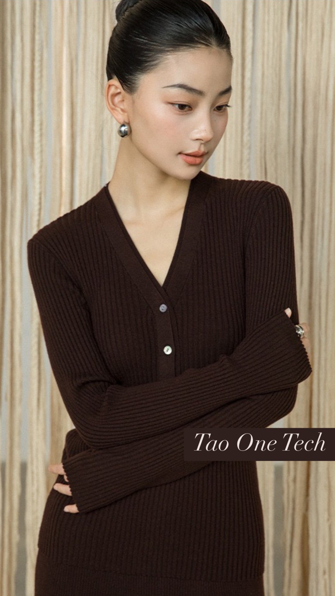 Tao One Tech™ • Zen V-Neck Ribbed Sweater • 3 Buttons • Breathable • Non-Itchy • Washable Wool Acrylic Blend