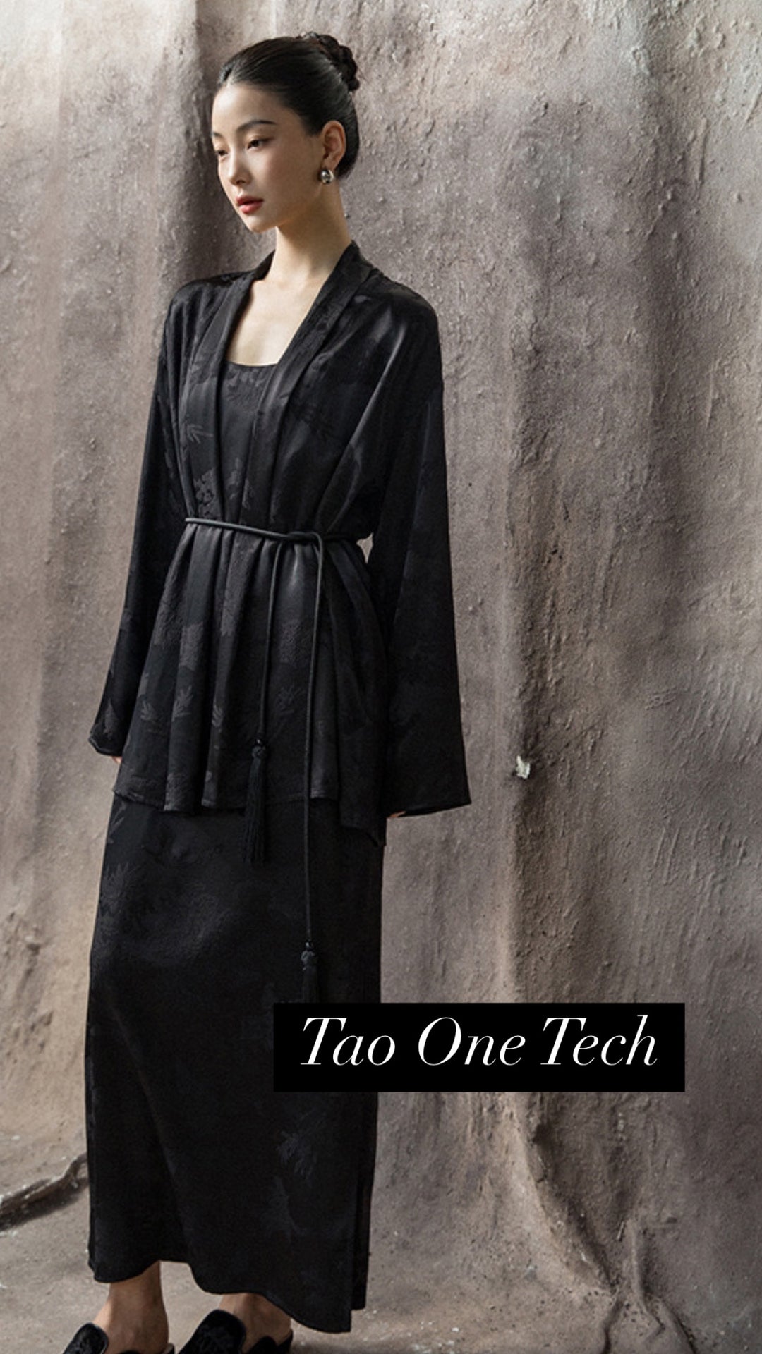 Tao One Tech™ • Floral Jacquard Kimono • with Lace-Up Tassels • Silky Rayon