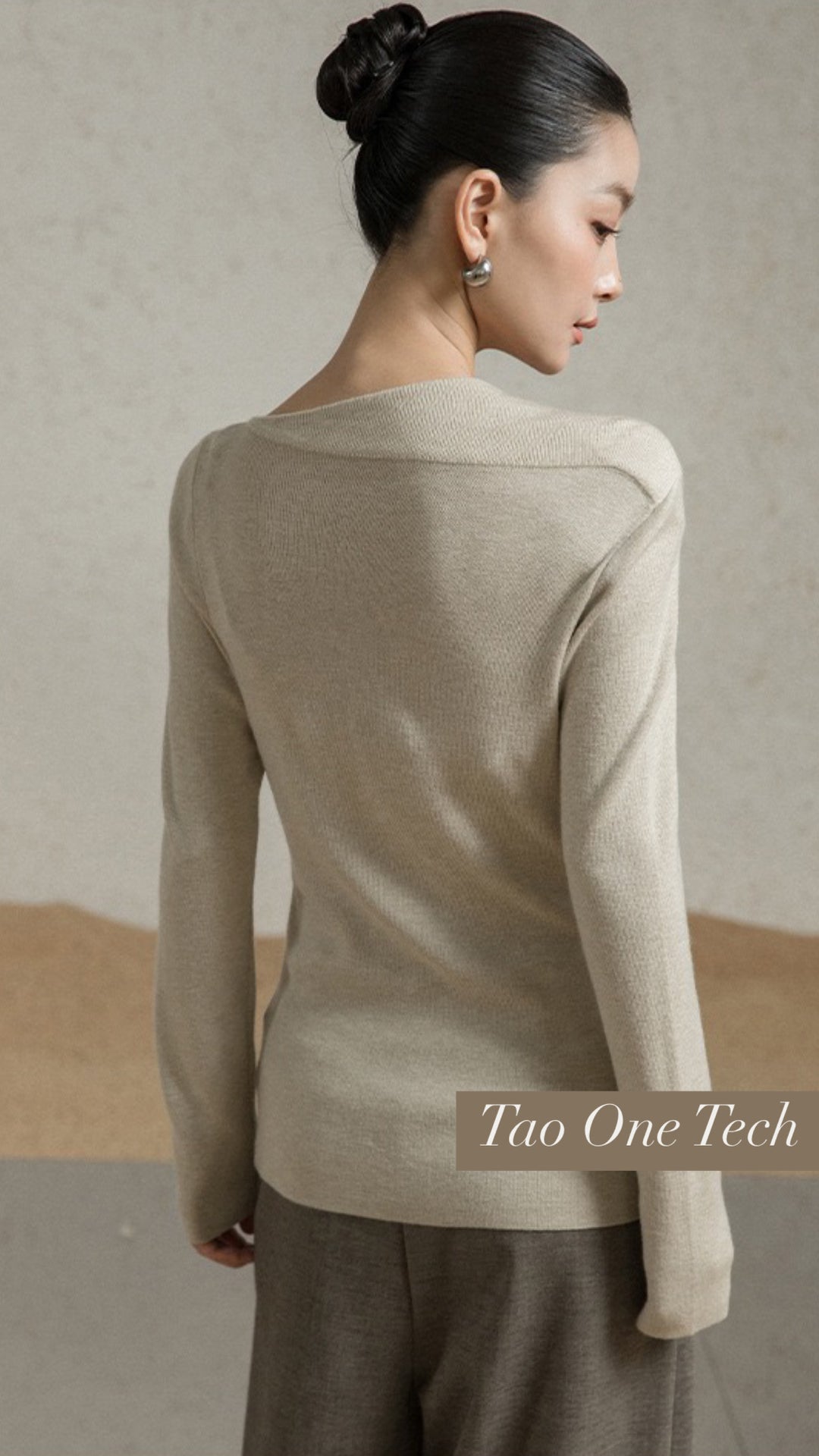 Tao One Tech™ • Zen Moon Crescent Sweater • Oblique Collar • Breathable • Non-Itchy • Washable Wool Acrylic Blend