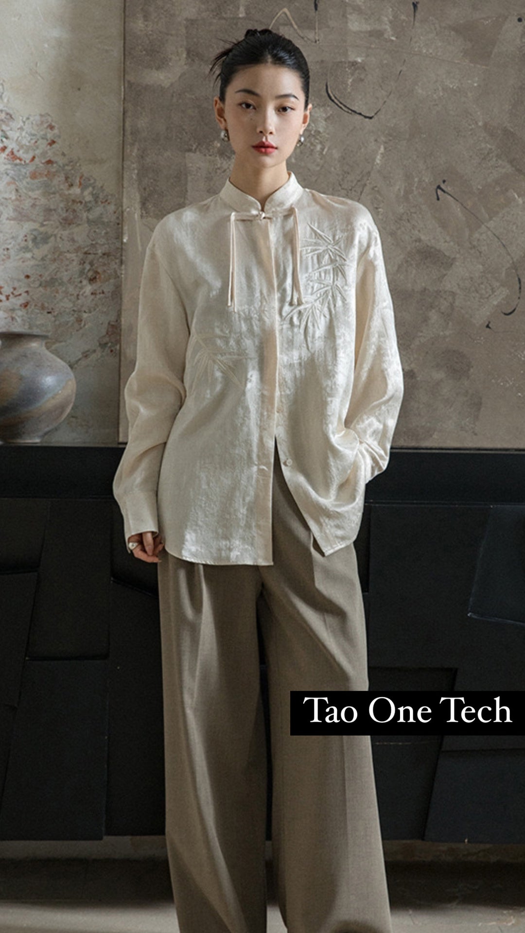 Tao One Tech™ • Zen Tassel Button Up Shirt • Bamboo Art Embroidery • Ancient Garden Jacquard Pattern • Heaven’s Silk Rayon Linen • Tencel Lyocell