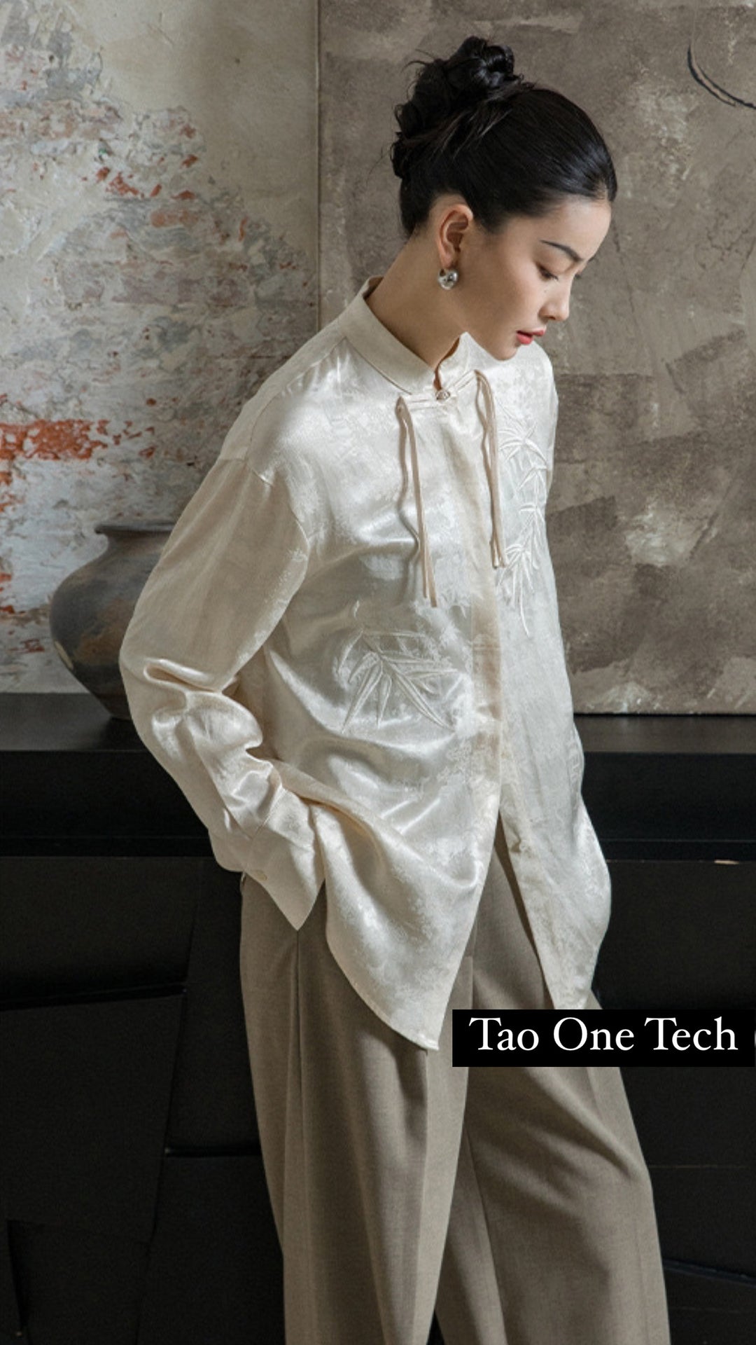 Tao One Tech™ • Zen Tassel Button Up Shirt • Bamboo Art Embroidery • Ancient Garden Jacquard Pattern • Heaven’s Silk Rayon Linen • Tencel Lyocell