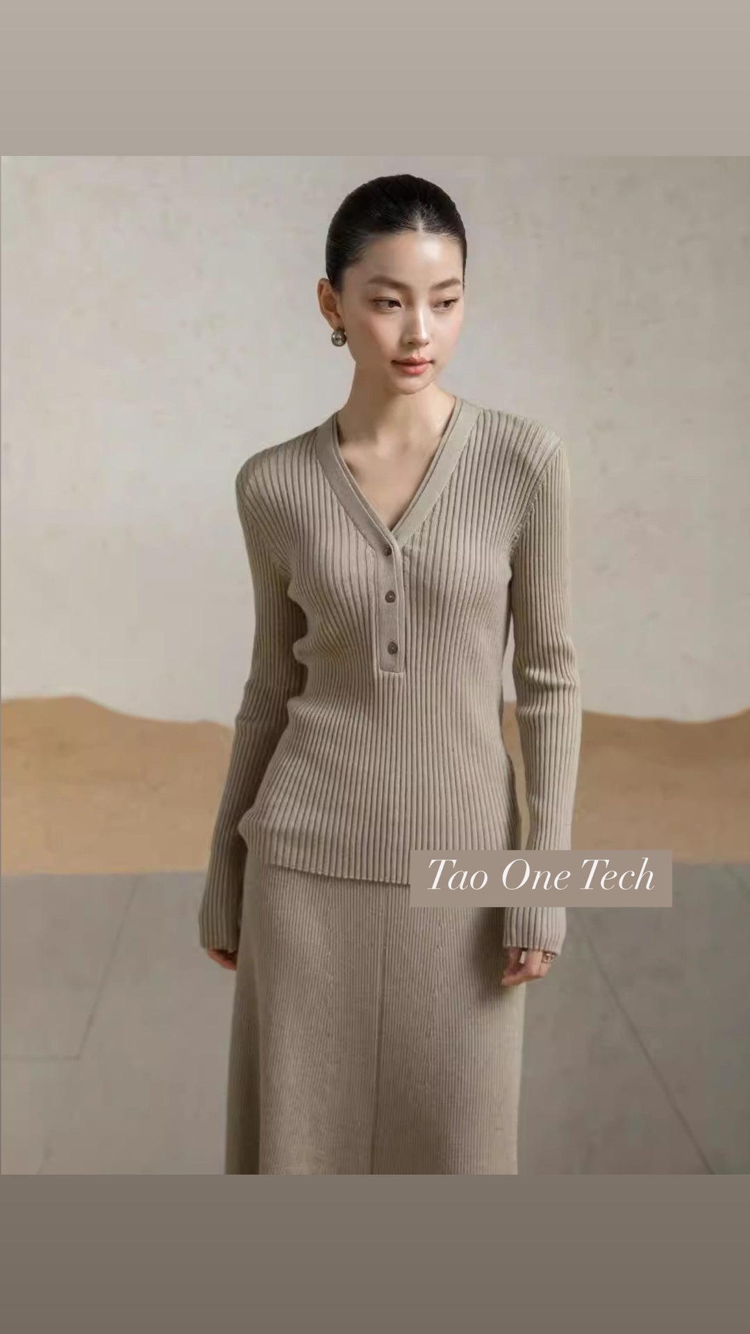 Tao One Tech™ • Zen V-Neck Ribbed Sweater • 3 Buttons • Breathable • Non-Itchy • Washable Wool Acrylic Blend