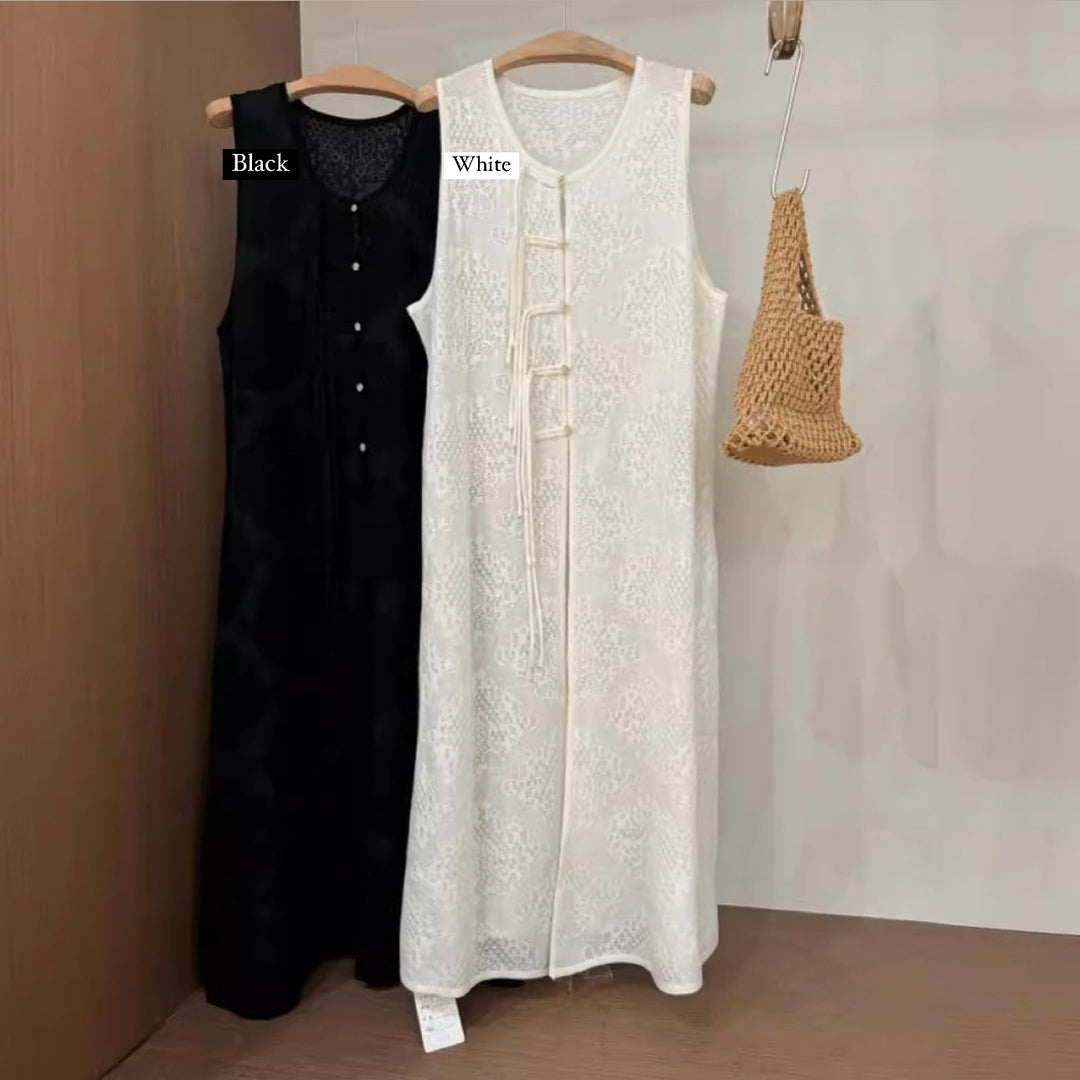 Tao One Tech™ • Long Lace Knit Sun Dress • Cardigan • Floral Lace Jacquard • Cardigan • Sleeveless • Wool Organza • 5 Buttons