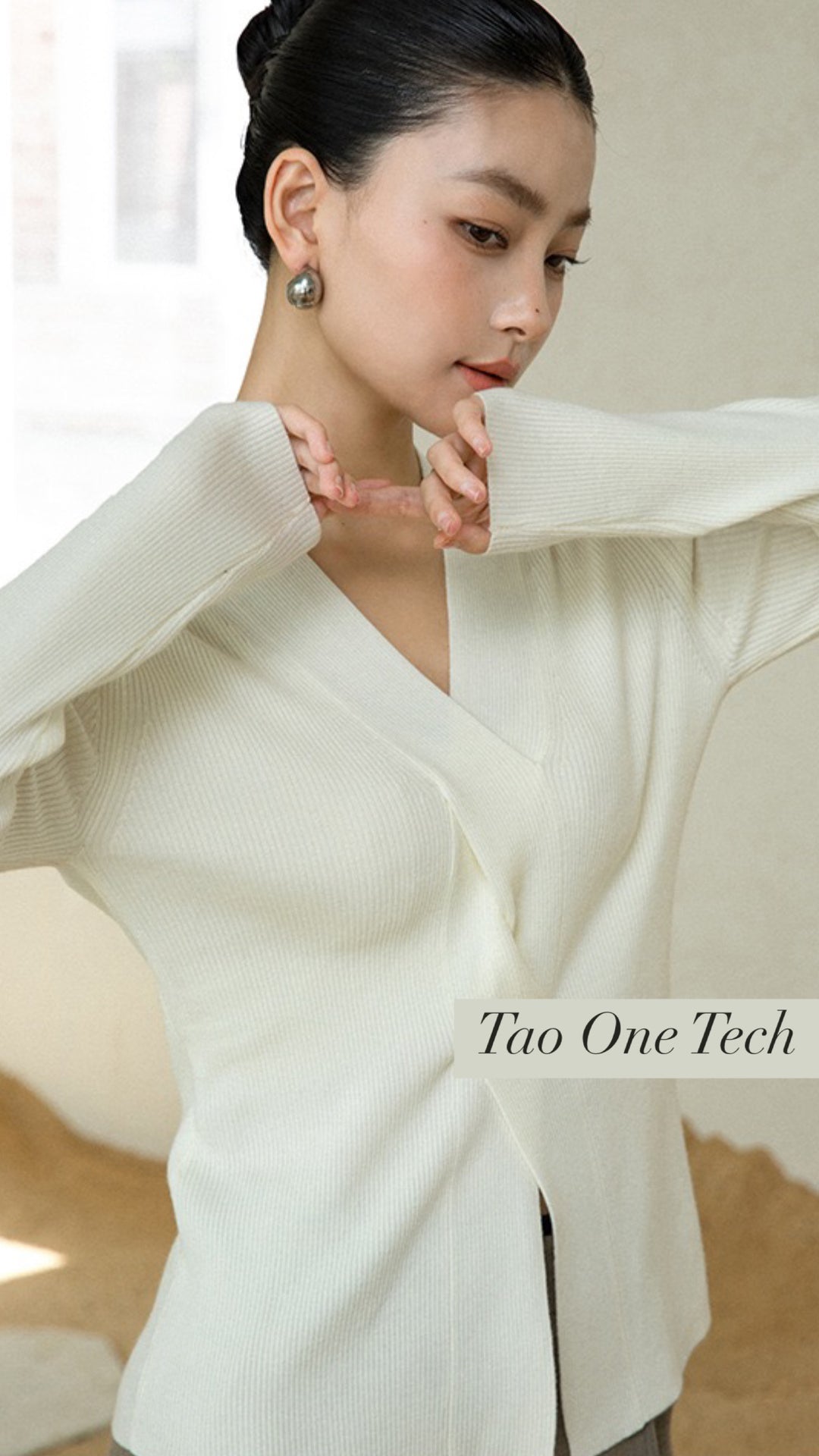 Tao One Tech™ • Zen V-Neck Infinity Sweater • Infinity Swirl Design • Breathable • Non-Itchy • Washable Wool Acrylic Blend