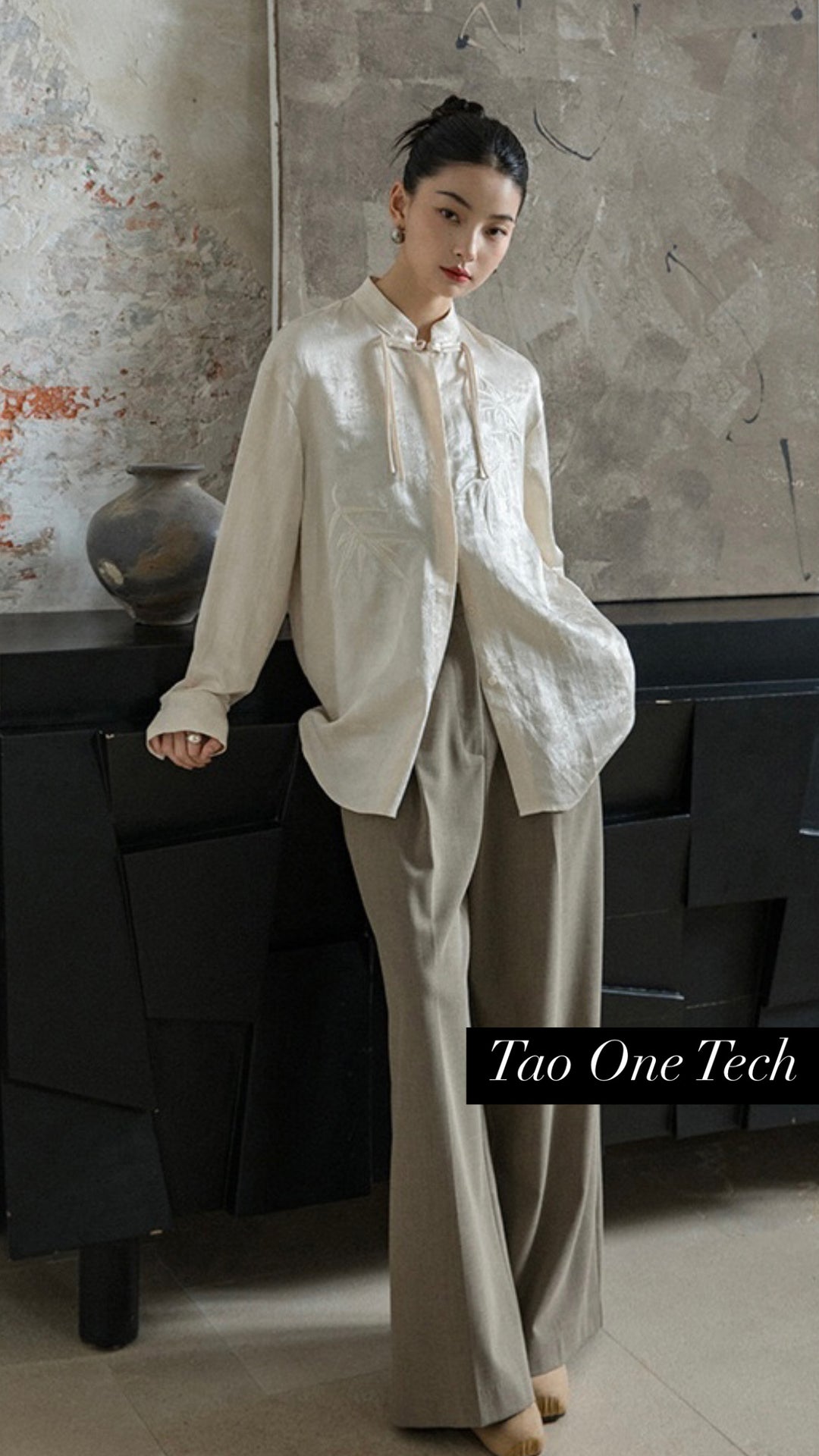 Tao One Tech™ • Zen Tassel Button Up Shirt • Bamboo Art Embroidery • Ancient Garden Jacquard Pattern • Heaven’s Silk Rayon Linen • Tencel Lyocell