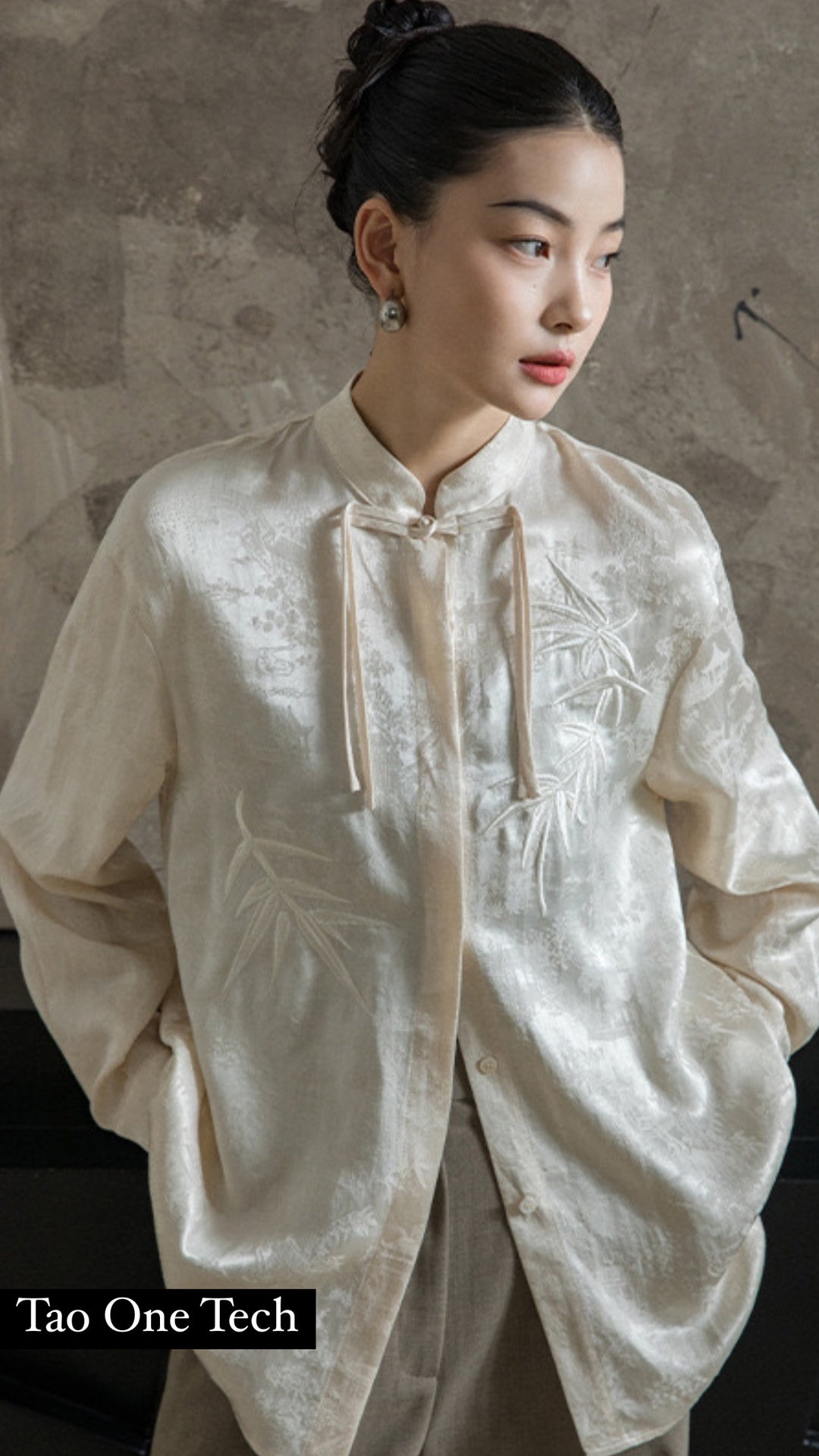 Tao One Tech™ • Zen Tassel Button Up Shirt • Bamboo Art Embroidery • Ancient Garden Jacquard Pattern • Heaven’s Silk Rayon Linen • Tencel Lyocell