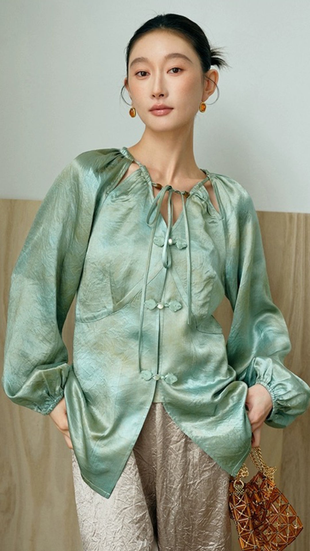 Tao One Tech™ • Golden Jade Liquid Shirt • Golden Flower Sky Art • Elegant Lantern Sleeves