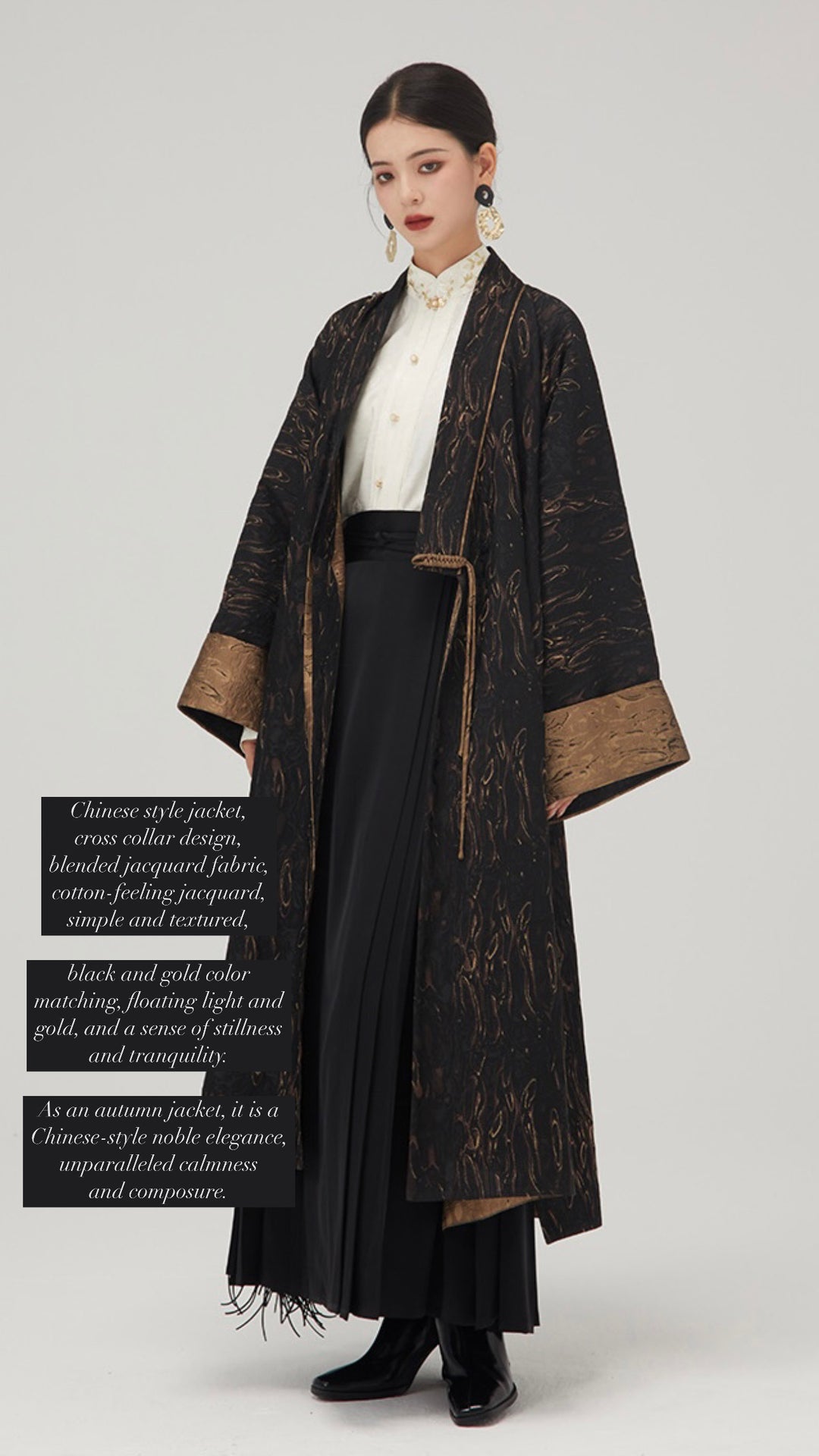 Tao One Tech™ • Long Zen Hanfu Kimono Coat • Bronze Jacquard • 1 Button • Tech Pockets