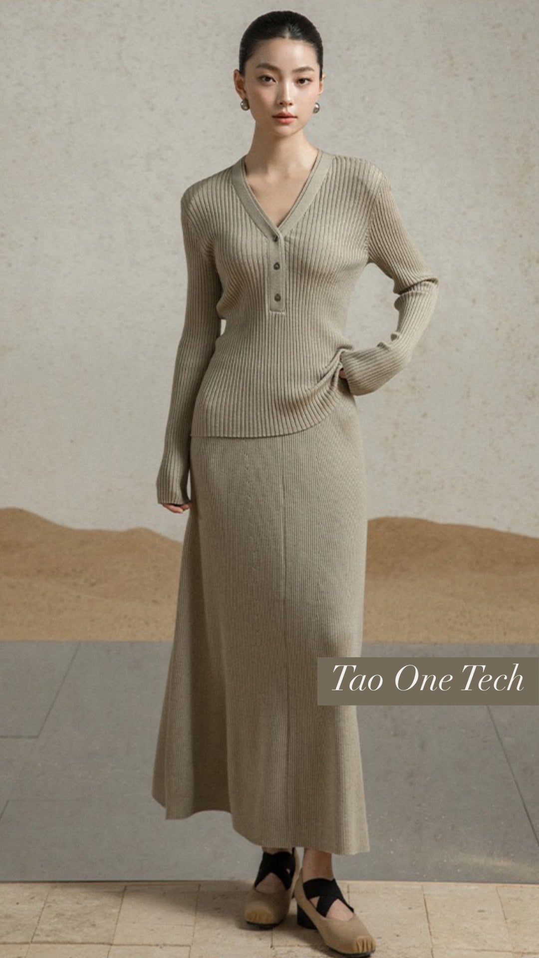 Tao One Tech™ • Zen V-Neck Ribbed Sweater • 3 Buttons • Breathable • Non-Itchy • Washable Wool Acrylic Blend