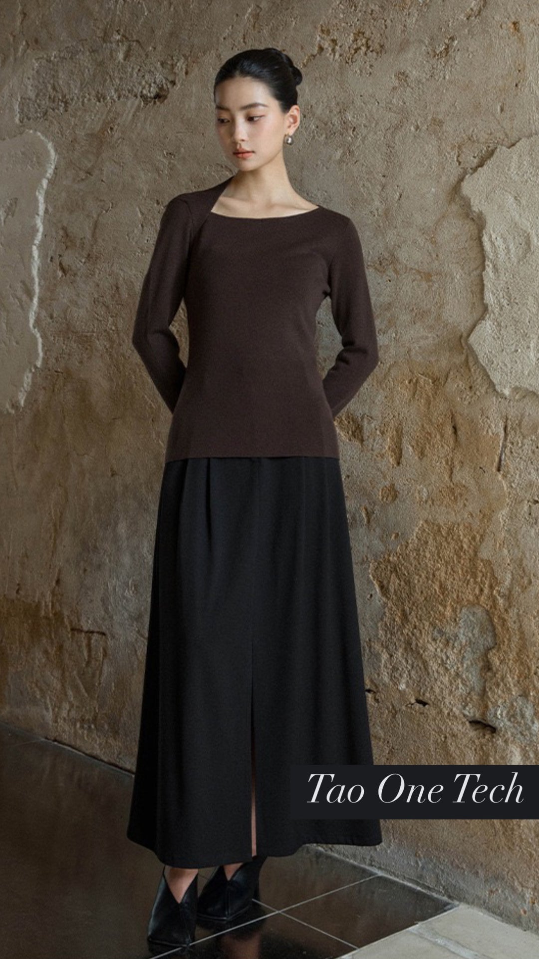 Tao One Tech™ • Zen Moon Crescent Sweater • Oblique Collar • Breathable • Non-Itchy • Washable Wool Acrylic Blend