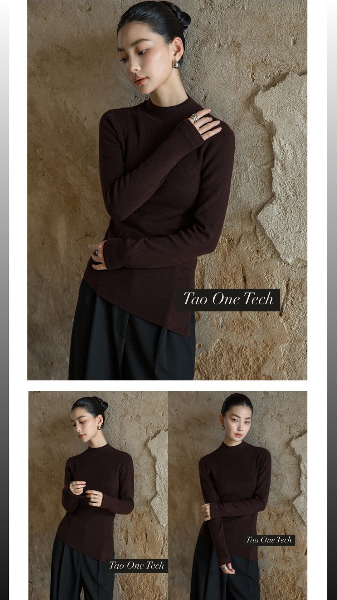 Tao One Tech™ • Zen Half Turtleneck Sweater • Bevel Design • Asymmetrical • Breathable • Non-Itchy • Washable Wool Acrylic Blend