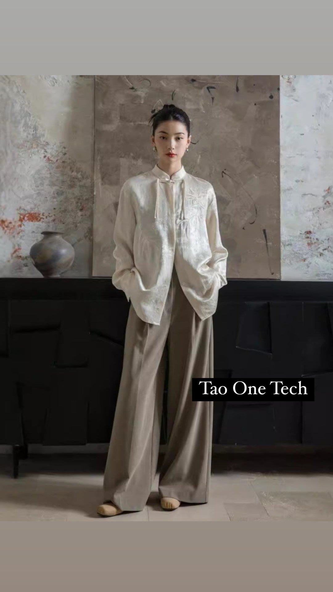 Tao One Tech™ • Zen Tassel Button Up Shirt • Bamboo Art Embroidery • Ancient Garden Jacquard Pattern • Heaven’s Silk Rayon Linen • Tencel Lyocell