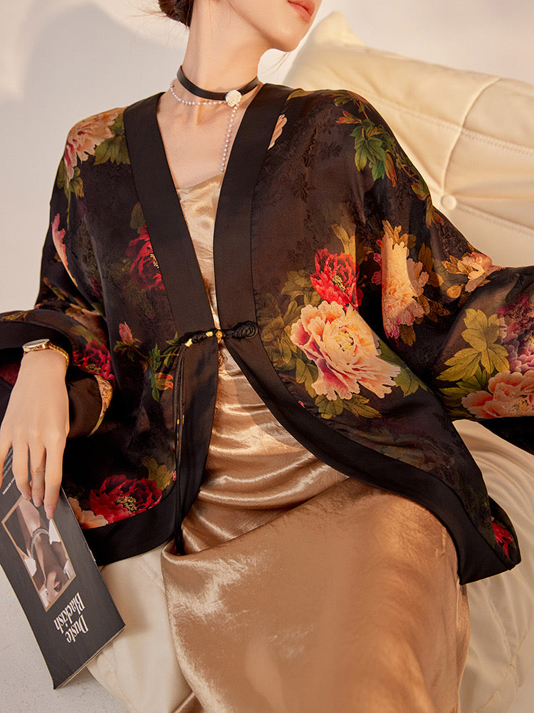 Tao One Tech™ • Zen Floral Kimono • Peony Jacquard Art • Silky • Flowy