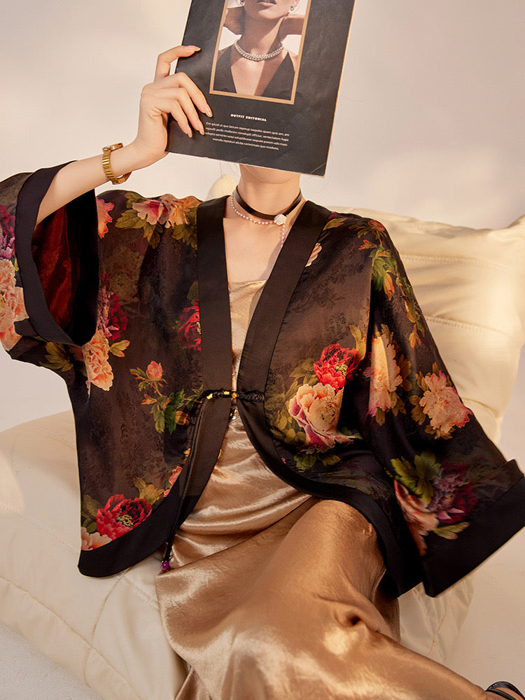 Tao One Tech™ • Zen Floral Kimono • Peony Jacquard Art • Silky • Flowy