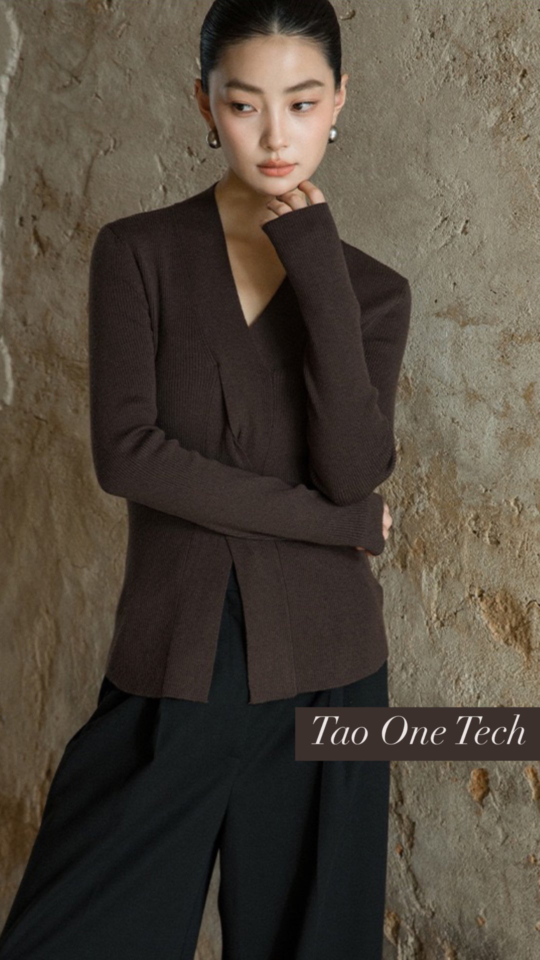 Tao One Tech™ • Zen V-Neck Infinity Sweater • Infinity Swirl Design • Breathable • Non-Itchy • Washable Wool Acrylic Blend