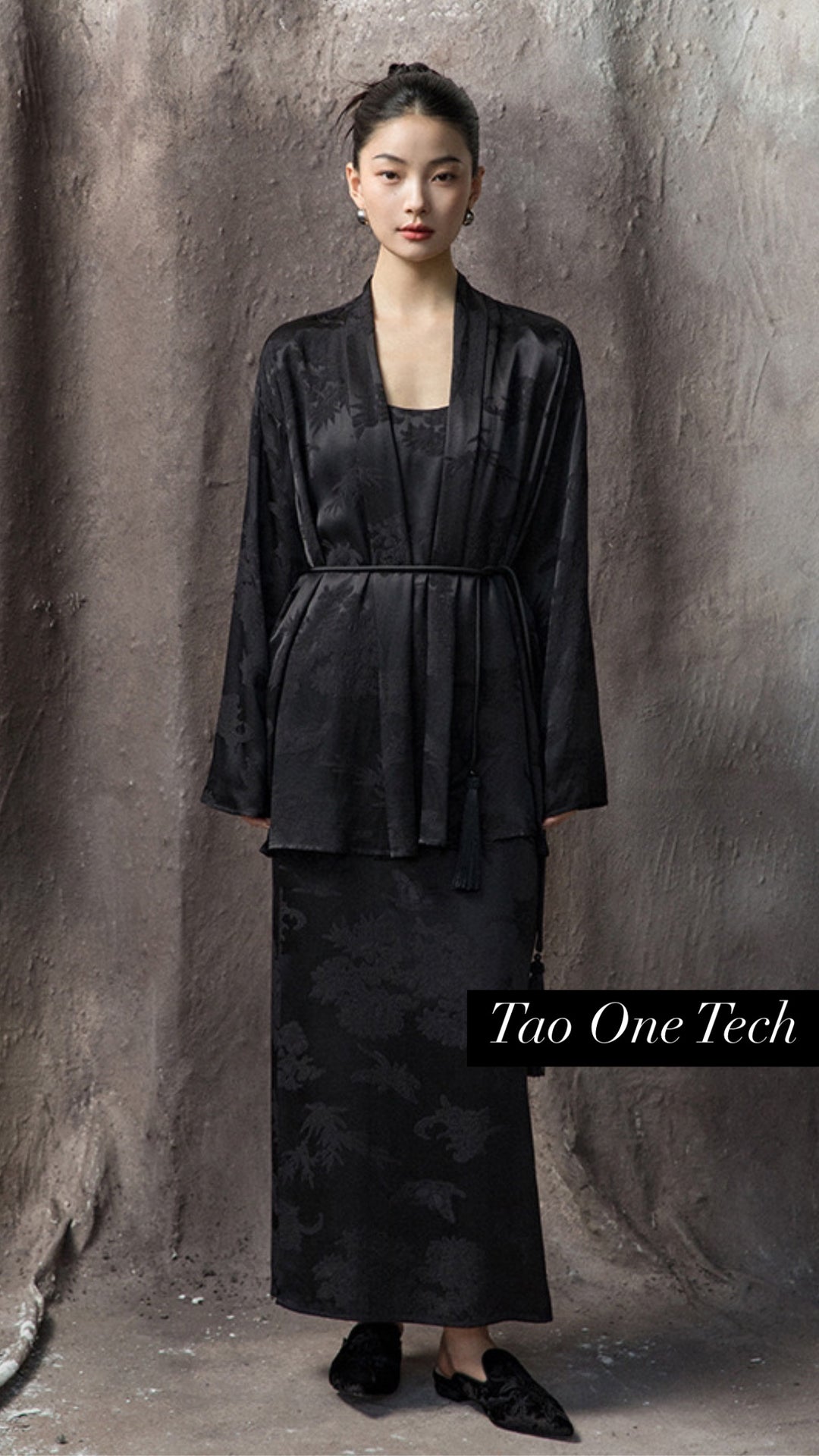 Tao One Tech™ • Floral Jacquard Kimono • with Lace-Up Tassels • Silky Rayon