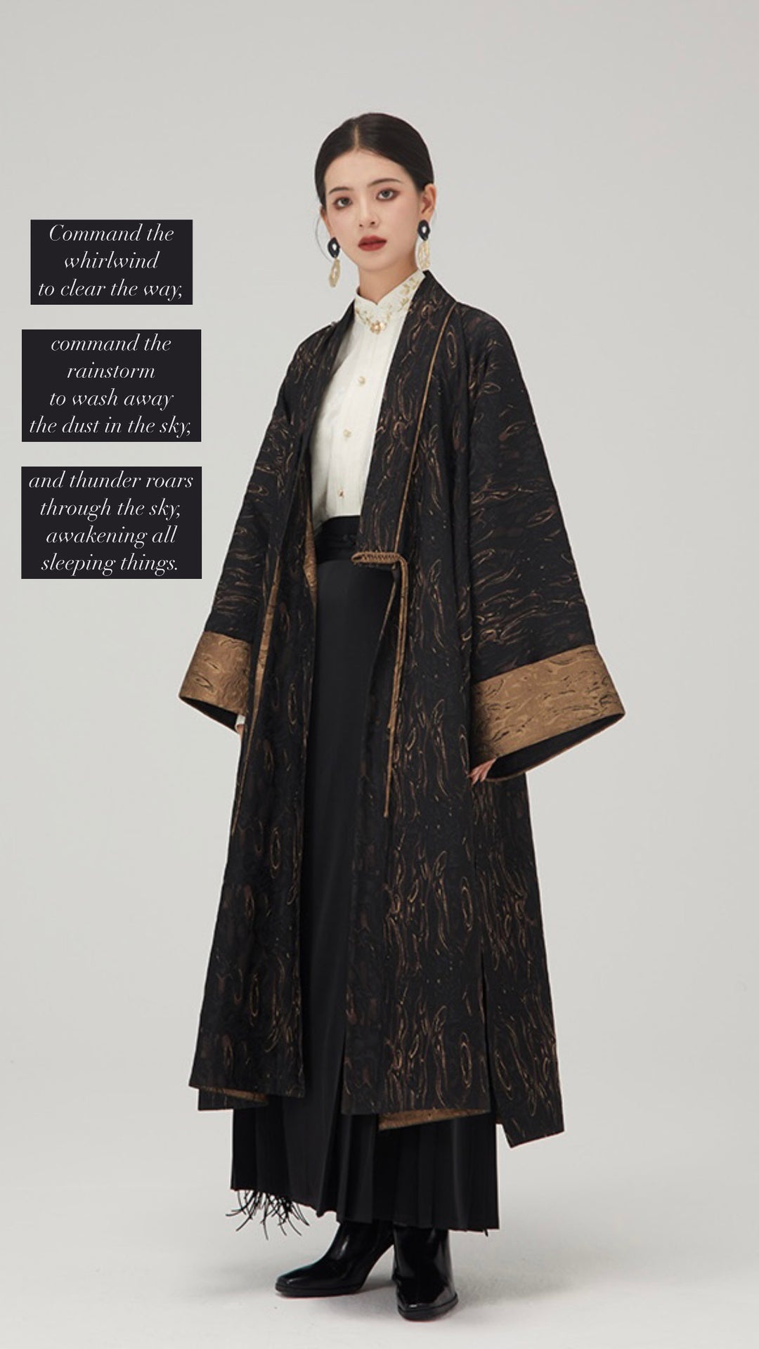 Tao One Tech™ • Long Zen Hanfu Kimono Coat • Bronze Jacquard • 1 Button • Tech Pockets