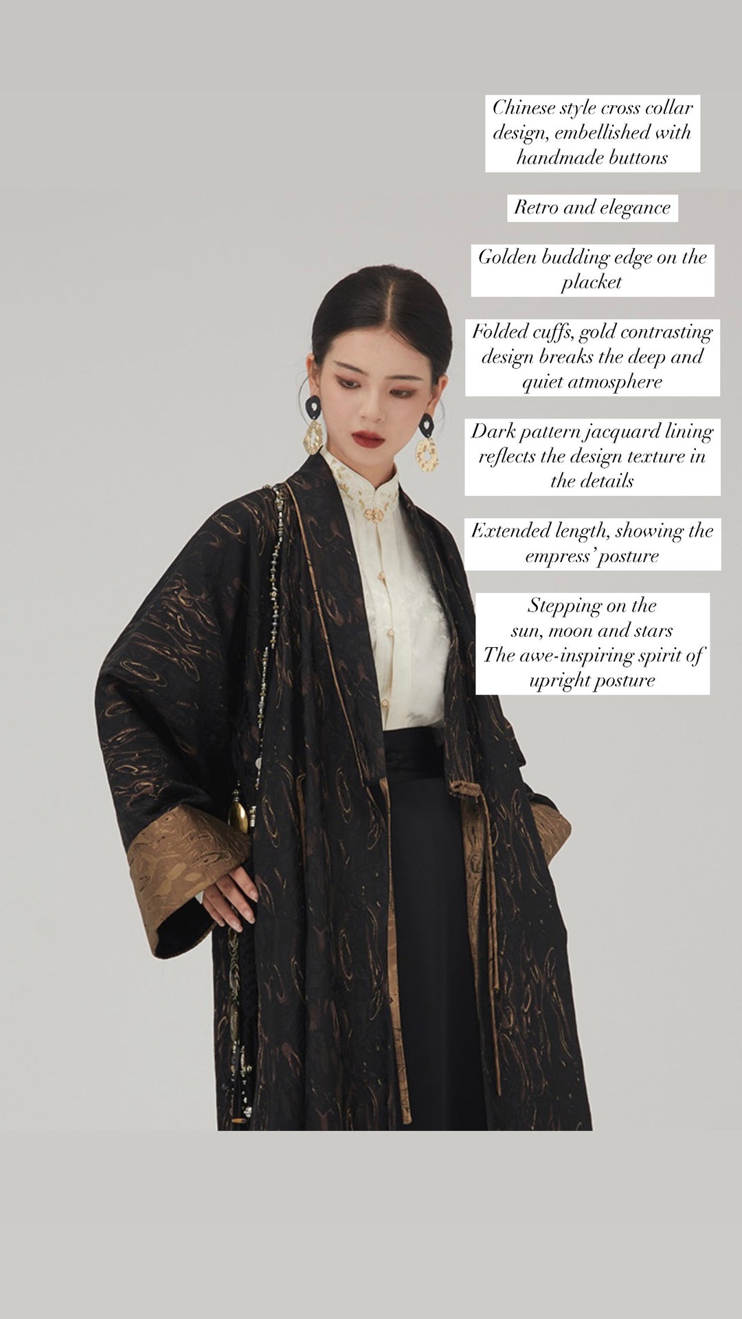 Tao One Tech™ • Long Zen Hanfu Kimono Coat • Bronze Jacquard • 1 Button • Tech Pockets