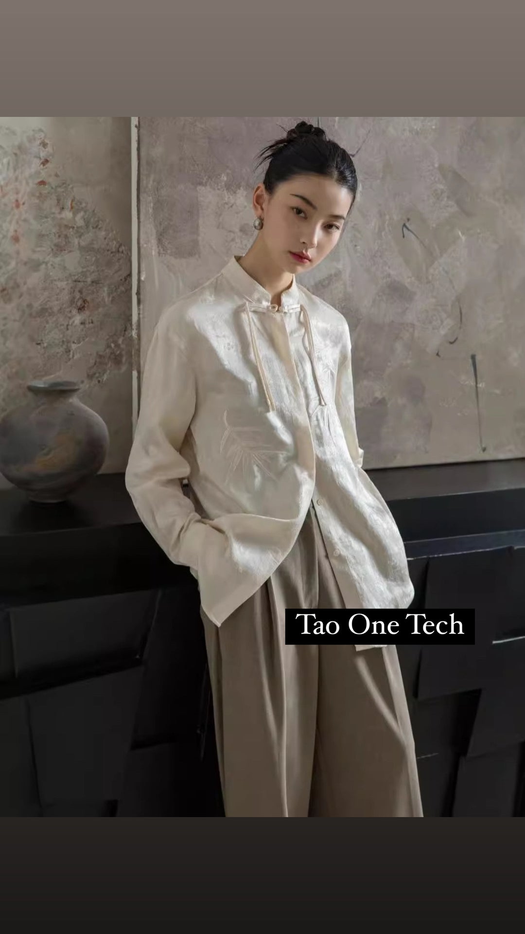 Tao One Tech™ • Zen Tassel Button Up Shirt • Bamboo Art Embroidery • Ancient Garden Jacquard Pattern • Heaven’s Silk Rayon Linen • Tencel Lyocell