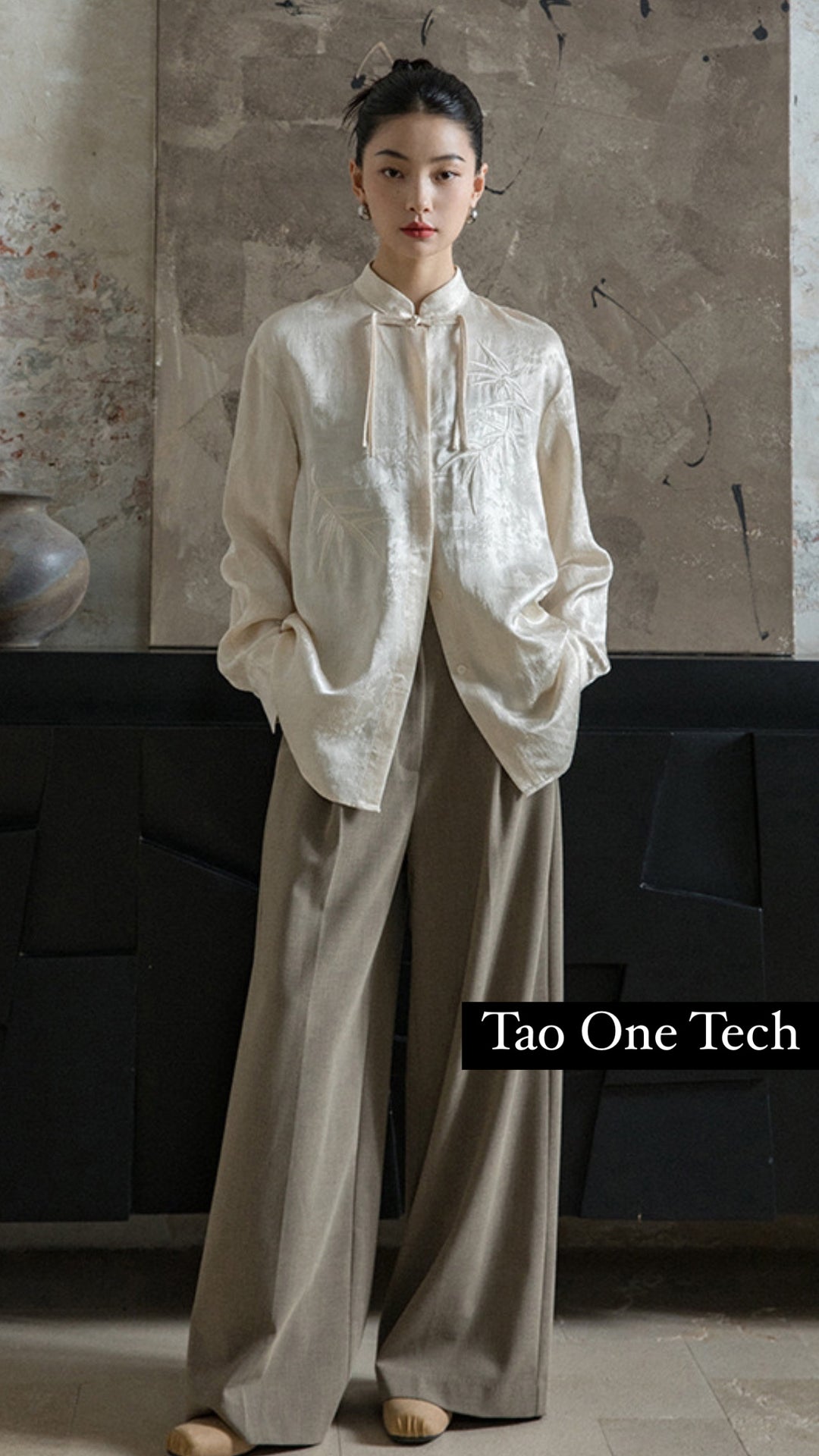 Tao One Tech™ • Zen Tassel Button Up Shirt • Bamboo Art Embroidery • Ancient Garden Jacquard Pattern • Heaven’s Silk Rayon Linen • Tencel Lyocell