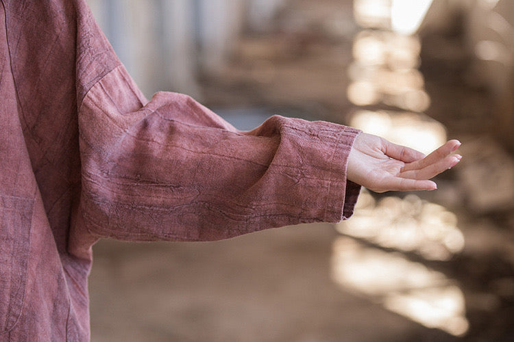 Tao One Tech™ • Zen Artistic Trinity Kimono • Cardigan Jacket • Butterfly Bat Sleeve Wings • 3 Buttons • Tie Dye Folds • Ramie Cotton