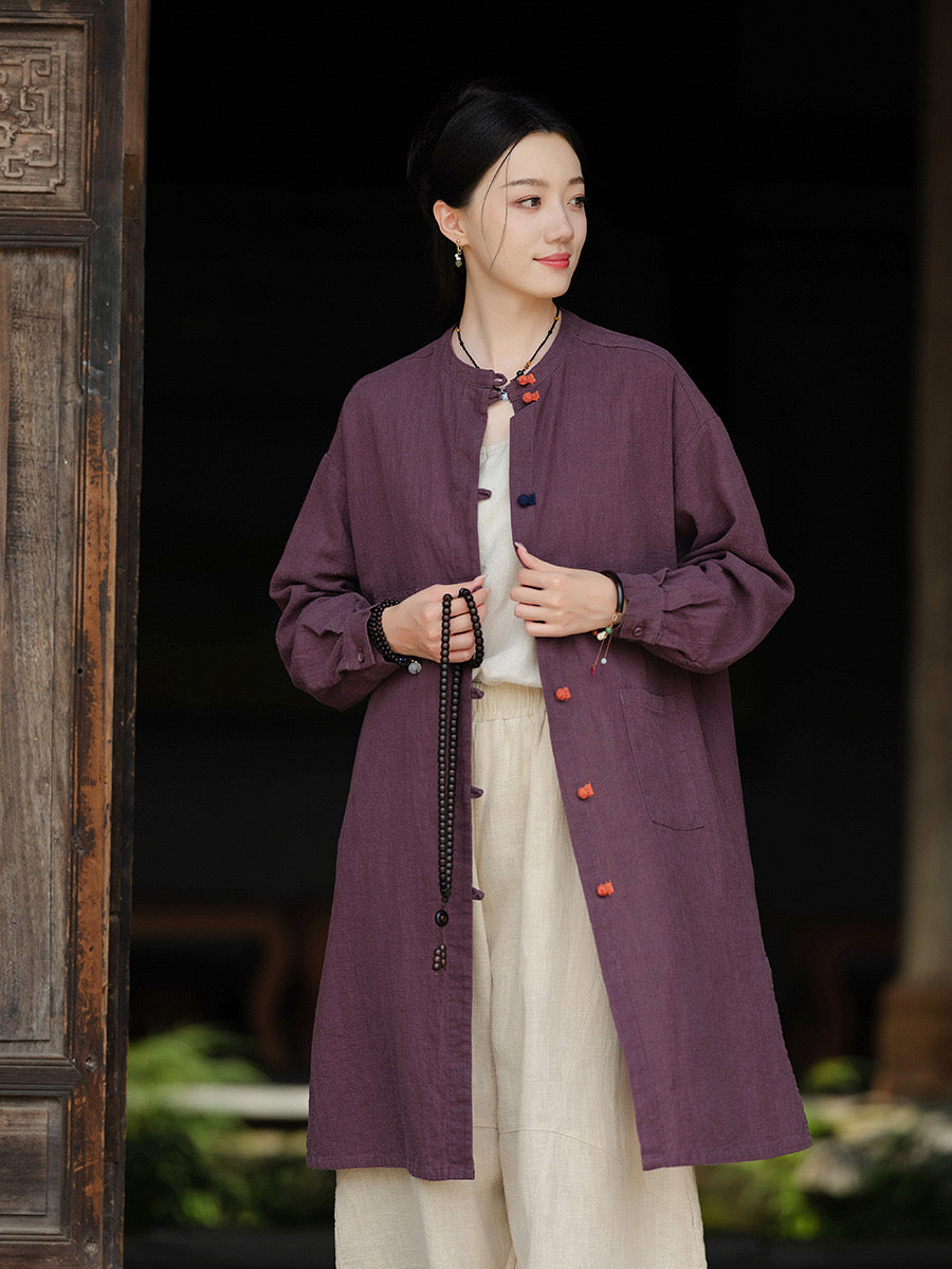 Tao One Tech™ • Zen Long Kimono Cardigan Jacket • 7 Contrast Buttons • Ramie Cotton