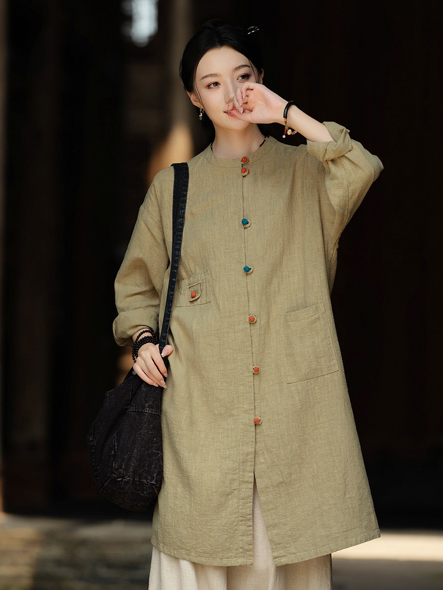 Tao One Tech™ • Zen Long Kimono Cardigan Jacket • 7 Contrast Buttons • Ramie Cotton