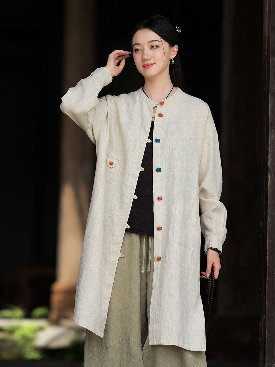 Tao One Tech™ • Zen Long Kimono Cardigan Jacket • 7 Contrast Buttons • Ramie Cotton