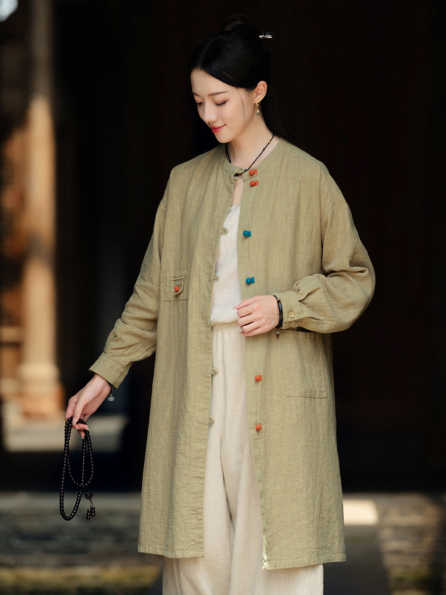 Tao One Tech™ • Zen Long Kimono Cardigan Jacket • 7 Contrast Buttons • Ramie Cotton