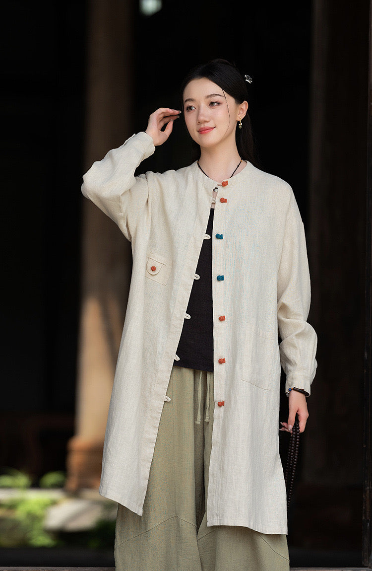 Tao One Tech™ • Zen Long Kimono Cardigan Jacket • 7 Contrast Buttons • Ramie Cotton