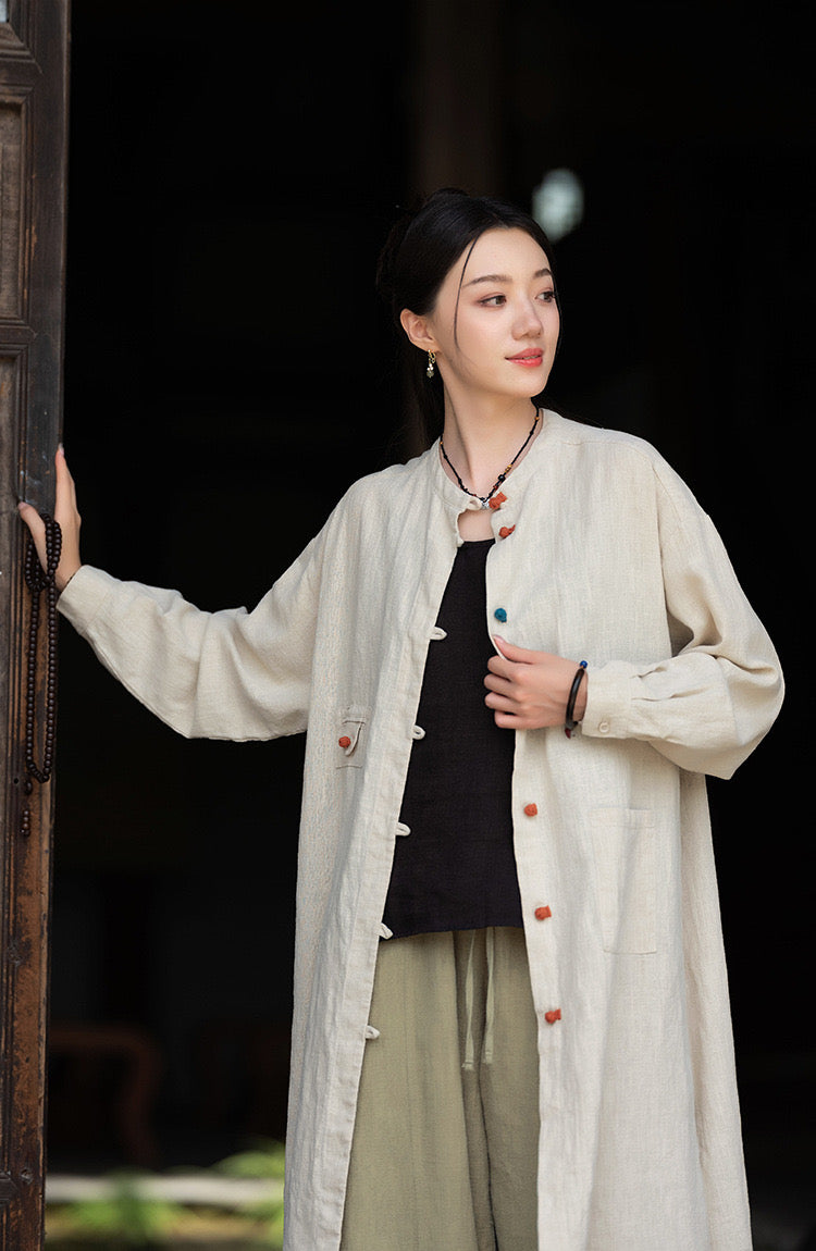 Tao One Tech™ • Zen Long Kimono Cardigan Jacket • 7 Contrast Buttons • Ramie Cotton