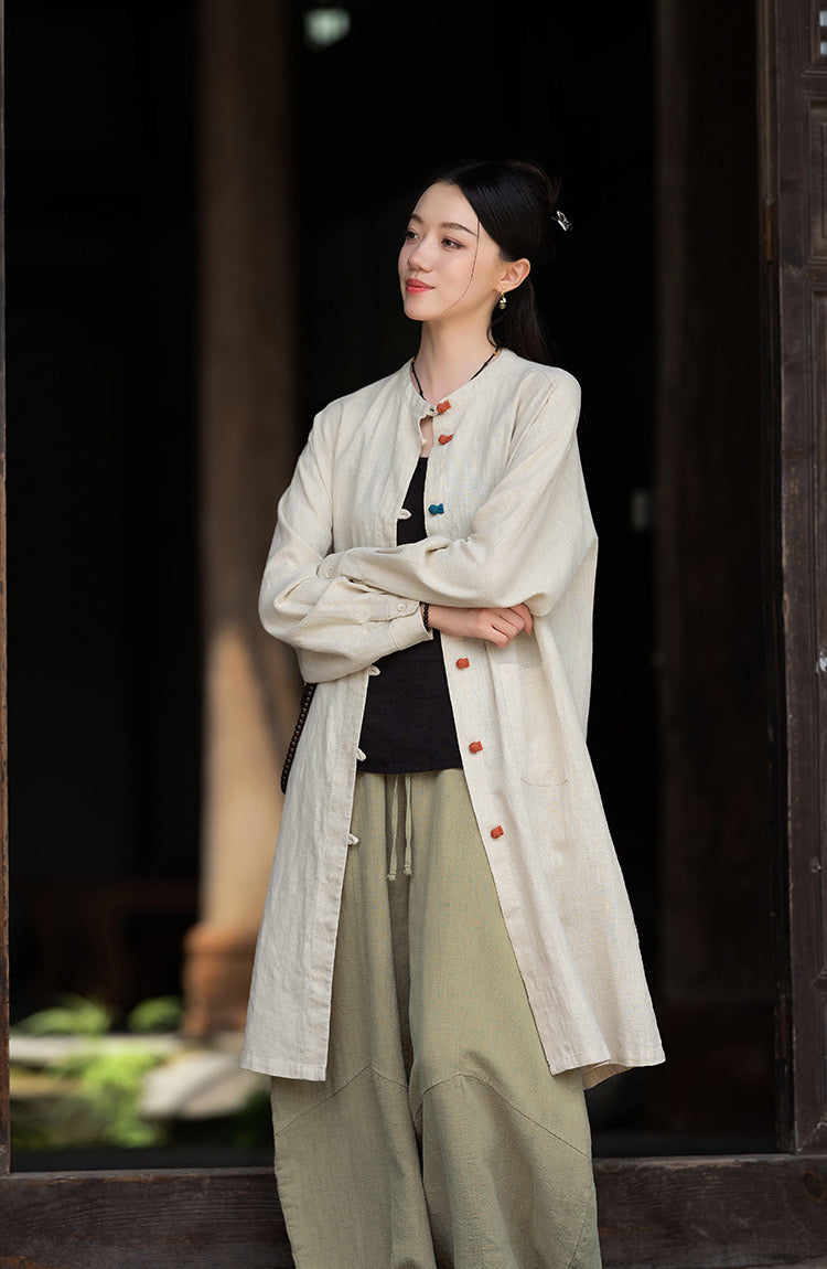 Tao One Tech™ • Zen Long Kimono Cardigan Jacket • 7 Contrast Buttons • Ramie Cotton