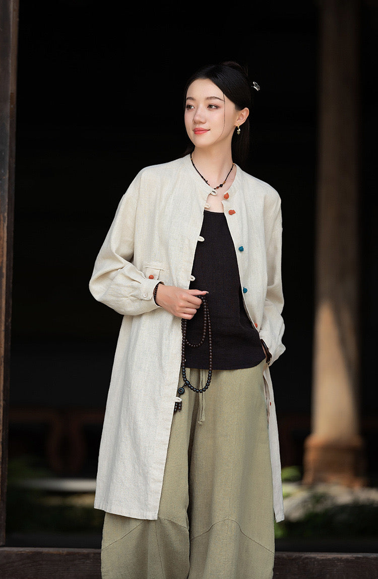 Tao One Tech™ • Zen Long Kimono Cardigan Jacket • 7 Contrast Buttons • Ramie Cotton