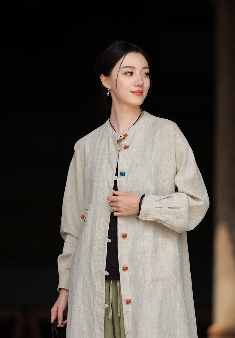 Tao One Tech™ • Zen Long Kimono Cardigan Jacket • 7 Contrast Buttons • Ramie Cotton