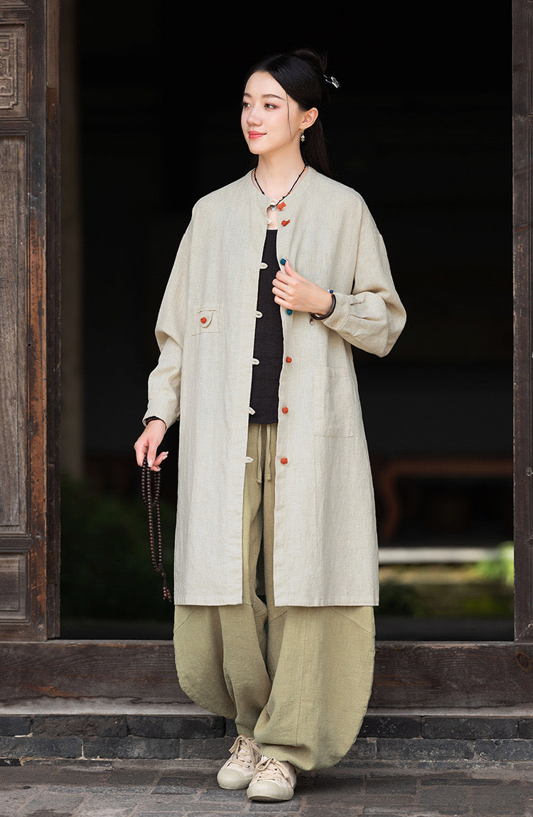 Tao One Tech™ • Zen Long Kimono Cardigan Jacket • 7 Contrast Buttons • Ramie Cotton