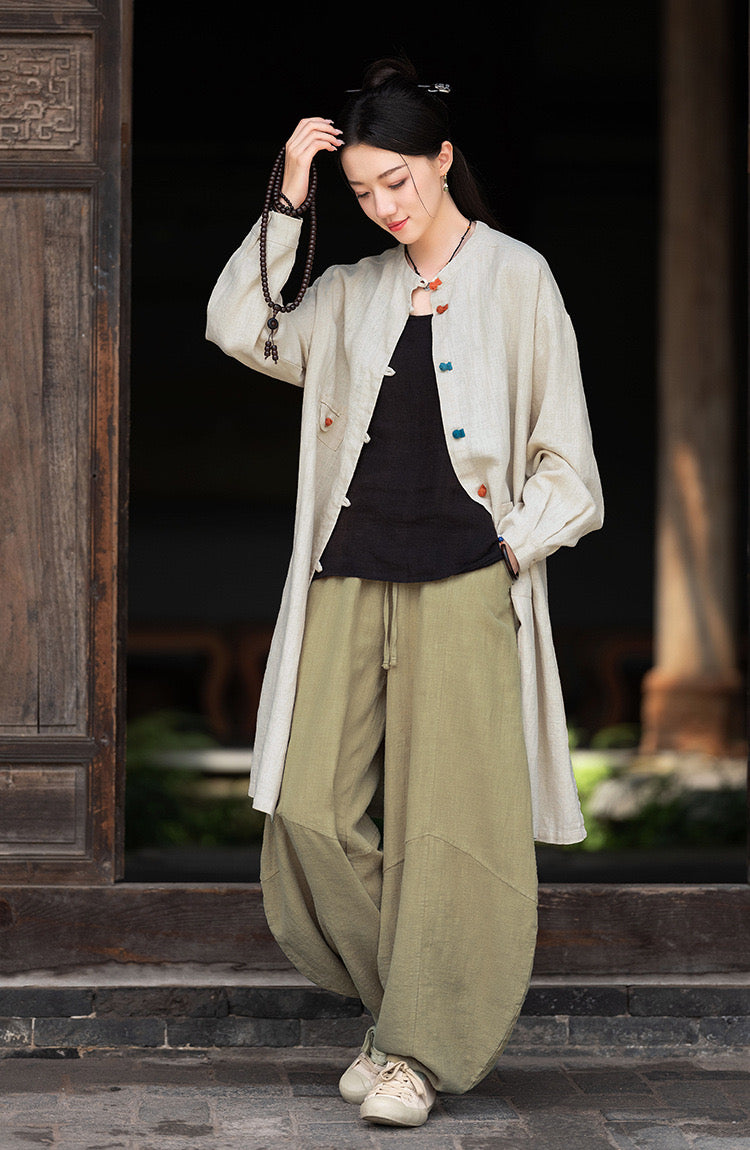 Tao One Tech™ • Zen Long Kimono Cardigan Jacket • 7 Contrast Buttons • Ramie Cotton