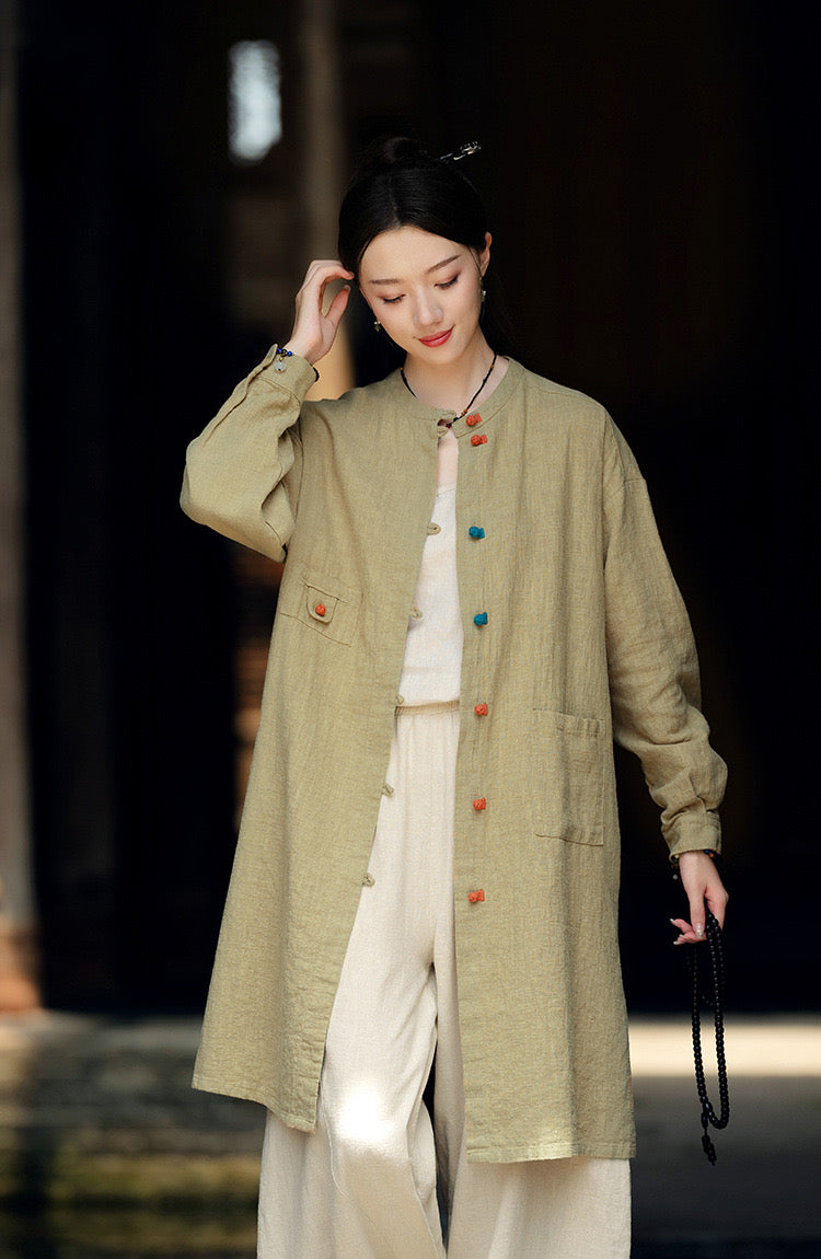 Tao One Tech™ • Zen Long Kimono Cardigan Jacket • 7 Contrast Buttons • Ramie Cotton