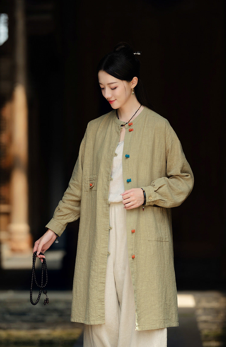 Tao One Tech™ • Zen Long Kimono Cardigan Jacket • 7 Contrast Buttons • Ramie Cotton