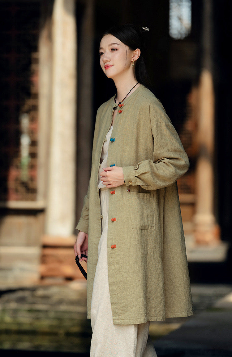 Tao One Tech™ • Zen Long Kimono Cardigan Jacket • 7 Contrast Buttons • Ramie Cotton