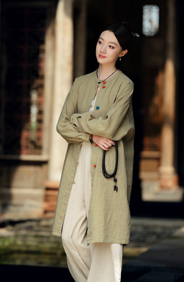 Tao One Tech™ • Zen Long Kimono Cardigan Jacket • 7 Contrast Buttons • Ramie Cotton