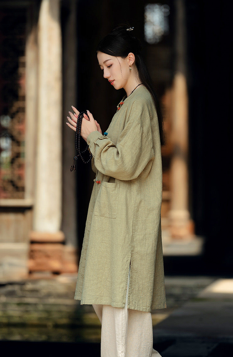 Tao One Tech™ • Zen Long Kimono Cardigan Jacket • 7 Contrast Buttons • Ramie Cotton