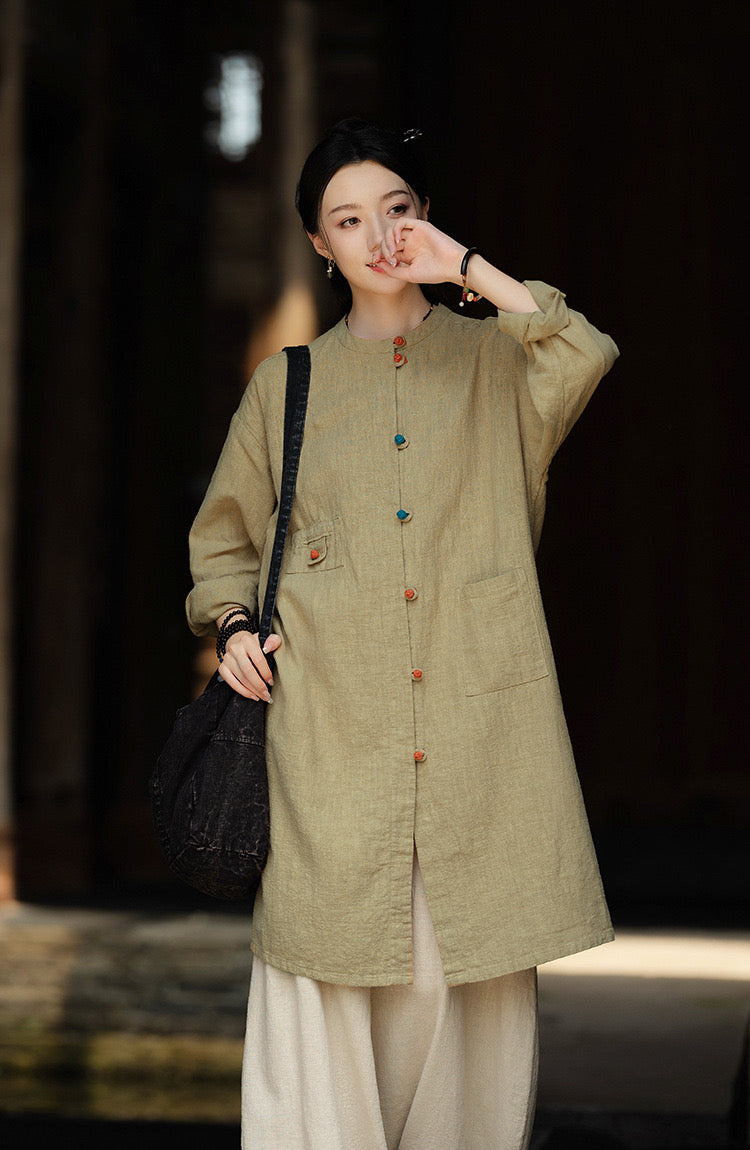 Tao One Tech™ • Zen Long Kimono Cardigan Jacket • 7 Contrast Buttons • Ramie Cotton