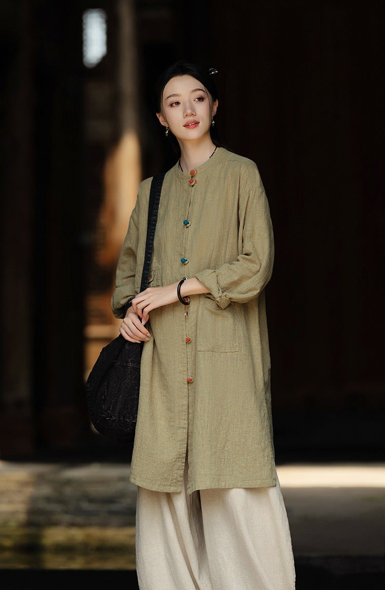 Tao One Tech™ • Zen Long Kimono Cardigan Jacket • 7 Contrast Buttons • Ramie Cotton