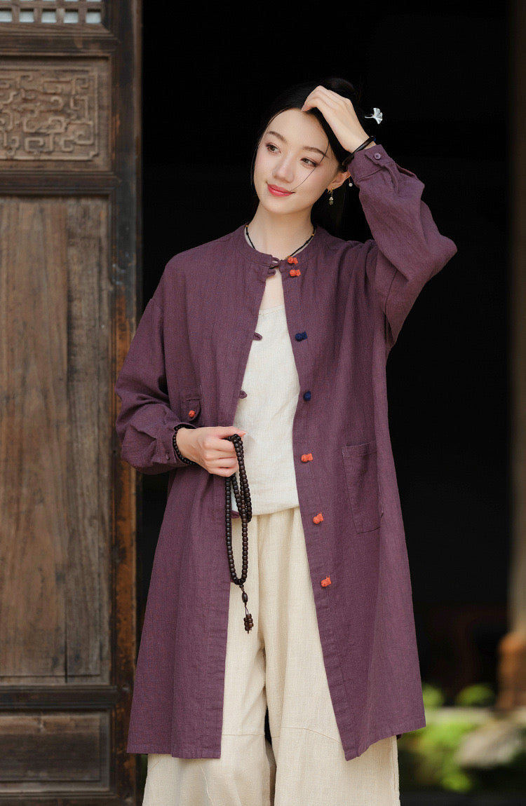 Tao One Tech™ • Zen Long Kimono Cardigan Jacket • 7 Contrast Buttons • Ramie Cotton