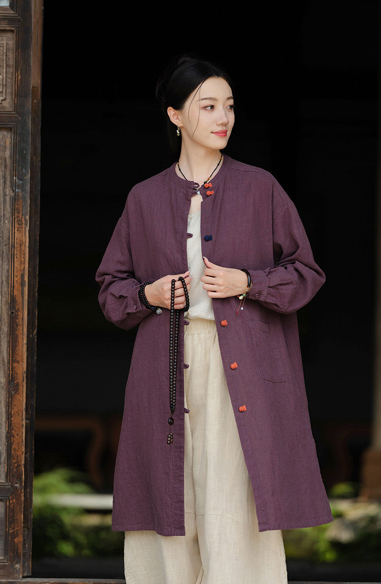 Tao One Tech™ • Zen Long Kimono Cardigan Jacket • 7 Contrast Buttons • Ramie Cotton