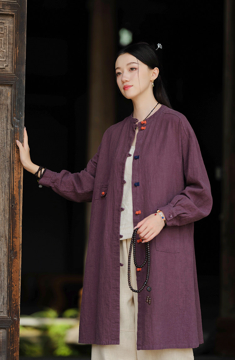 Tao One Tech™ • Zen Long Kimono Cardigan Jacket • 7 Contrast Buttons • Ramie Cotton